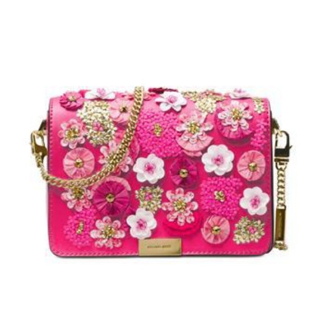 Michael‎ Kors Fuchsia Floral Jade Gusset Leather Crossbody Bag - Picture 2 of 10